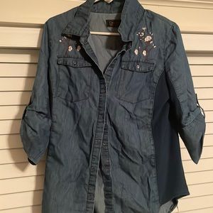 Cherry Blossom decal. Denim button down by Cavalini. Size Large.